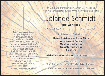 Traueranzeige von Jolande Schmidt von Neue Presse Coburg