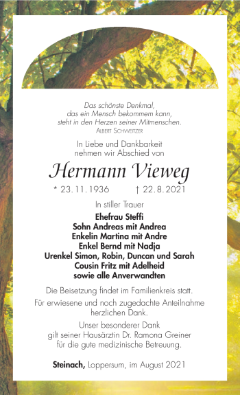 Traueranzeige von Hermann Vieweg von Südthüringer Presse