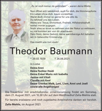 Traueranzeige von Theodor Baumann von Südthüringer Presse