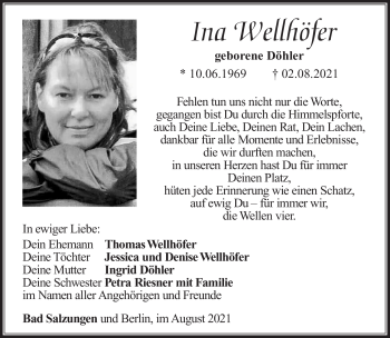 Traueranzeige von Ina Wellhöfer von Südthüringer Presse