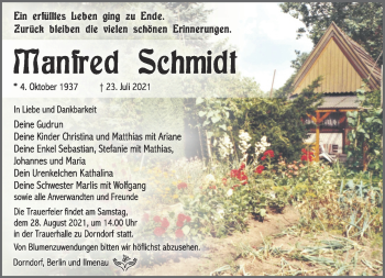 Traueranzeige von Manfred Schmidt von Südthüringer Presse