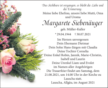 Traueranzeige von Margarete Siebenäuger von Südthüringer Presse