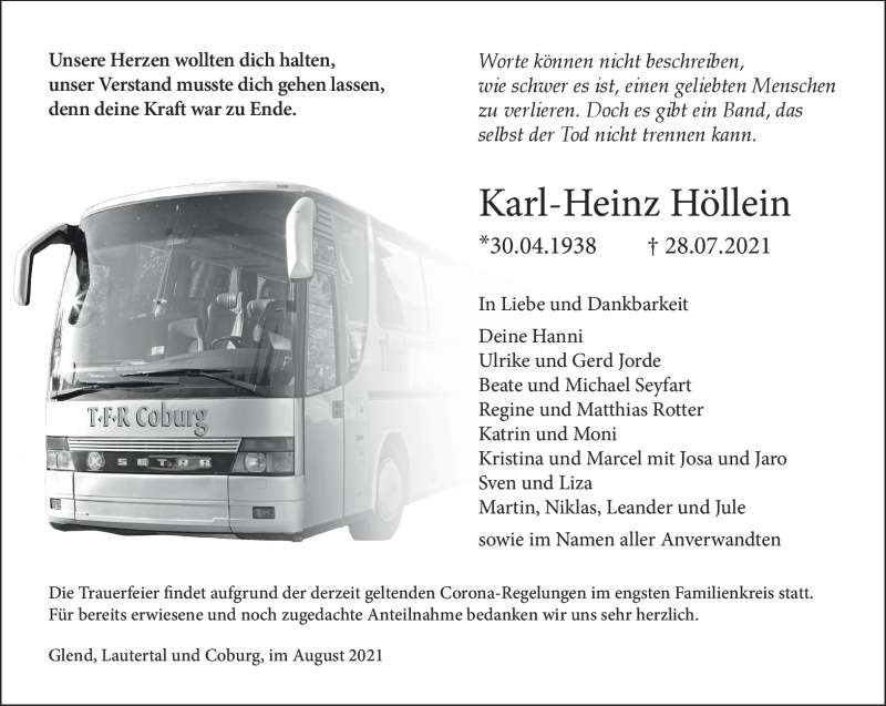  Traueranzeige für Karl-Heinz Höllein vom 04.08.2021 aus Neue Presse Coburg