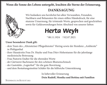 Traueranzeige von Herta Weyh von Südthüringer Presse