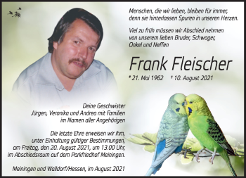 Traueranzeige von Frank Fleischer von Südthüringer Presse