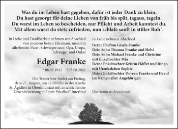 Traueranzeige von Edgar Franke von Südthüringer Presse