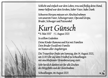 Traueranzeige von Kurt Günsch von Südthüringer Presse