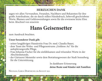 Traueranzeige von Hans Geisensetter von Südthüringer Presse