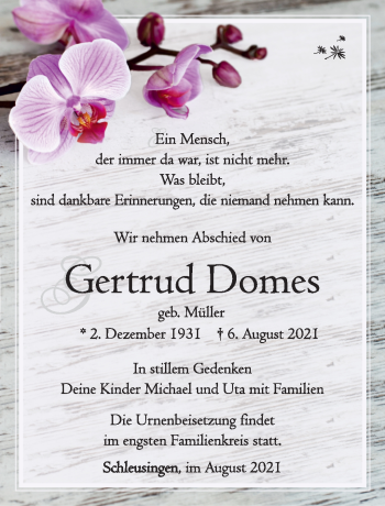 Traueranzeige von Gertrud Domes von Südthüringer Presse