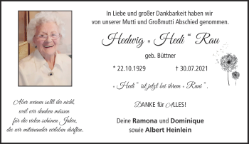 Traueranzeige von Hedwig Rau von Neue Presse Coburg