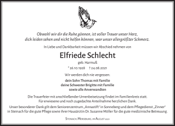 Traueranzeige von Elfriede Schlecht von Südthüringer Presse