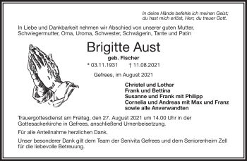 Traueranzeige von Brigitte Aust von Frankenpost