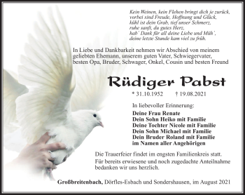 Traueranzeige von Rüdiger Pabst von Südthüringer Presse