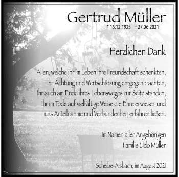 Traueranzeige von Gertrud Müller von Südthüringer Presse