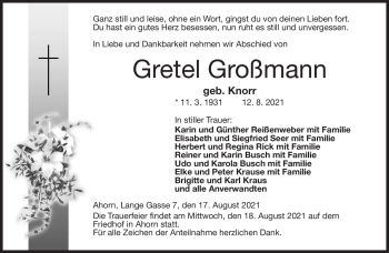 Traueranzeige von Gretel Großmann von Neue Presse Coburg