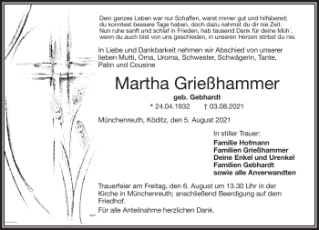 Traueranzeige von Martha Grießhammer von Frankenpost