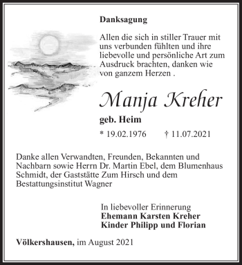 Traueranzeige von Manja Kreher von Südthüringer Presse