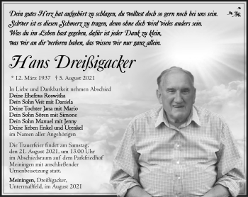 Traueranzeige von Hans Dreißigacker von Südthüringer Presse