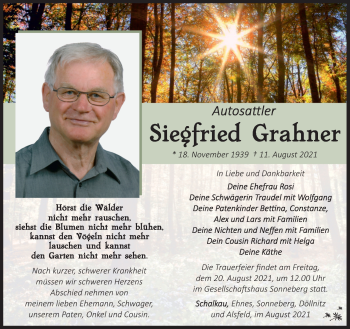 Traueranzeige von Siegfried Grahner von Südthüringer Presse