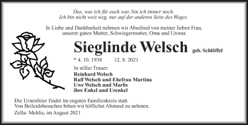 Traueranzeige von Sieglinde Welsch von Südthüringer Presse