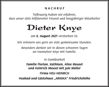 Traueranzeige von Dieter Knye von Südthüringer Presse