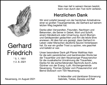 Traueranzeige von Gerhard Friedrich von Neue Presse Coburg