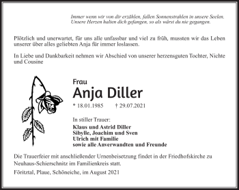 Traueranzeige von Anja Diler von Südthüringer Presse