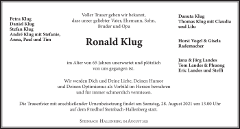 Traueranzeige von Ronald Klug von Südthüringer Presse