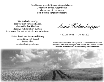 Traueranzeige von Anni Hohenberger von Frankenpost