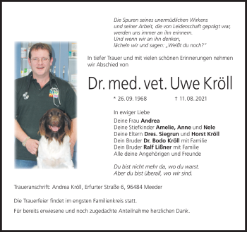 Traueranzeige von Dr. Uwe Kröll von Neue Presse Coburg