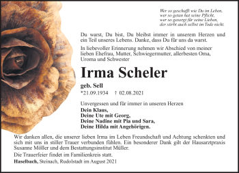 Traueranzeige von Irma Scheler von Südthüringer Presse
