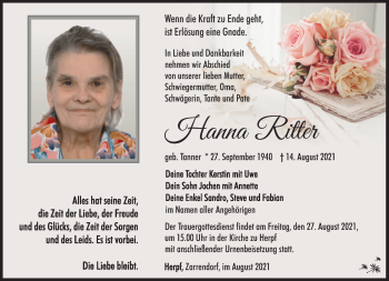 Traueranzeige von Hanna Ritter von Südthüringer Presse