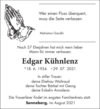 Traueranzeige von Edgar Kühnlenz von Südthüringer Presse