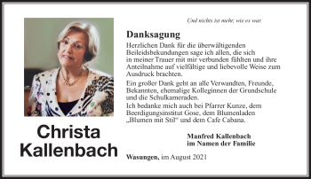 Traueranzeige von Christa Kallenbach von Südthüringer Presse