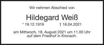Traueranzeige von Hildegard Weiß von Neue Presse Coburg