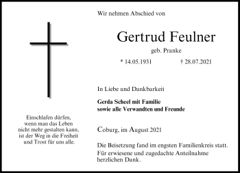 Traueranzeige von Gertrud Feulner von Neue Presse Coburg