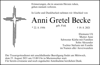 Traueranzeige von Anni Gretel Becke von Frankenpost