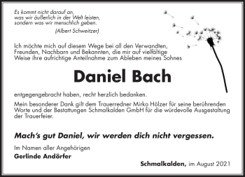 Traueranzeige von Daniel Bach von Südthüringer Presse