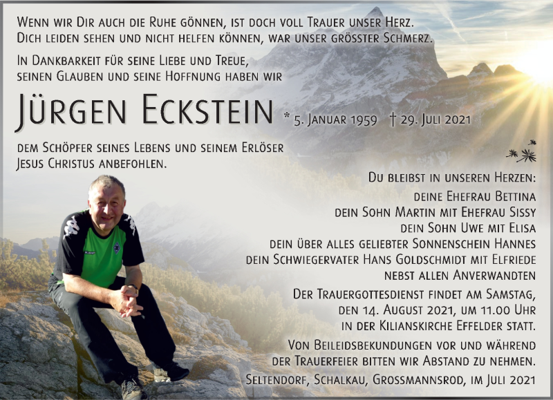  Traueranzeige für Jürgen Eckstein vom 07.08.2021 aus Südthüringer Presse