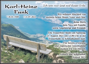 Traueranzeige von Karl-Heinz Funk von Südthüringer Presse