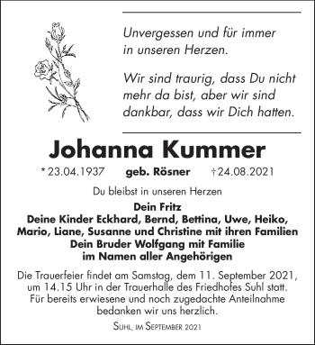 Traueranzeige von Johanna Kummer von Südthüringer Presse