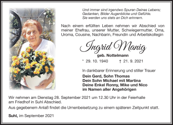 Traueranzeige von Ingrid Manig von Südthüringer Presse