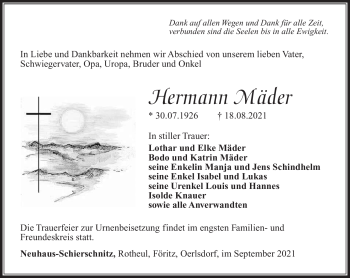 Traueranzeige von Hermann Mäder von Südthüringer Presse