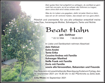 Traueranzeige von Beate Hahn von Südthüringer Presse