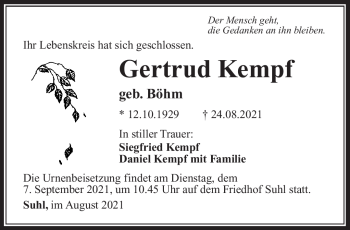 Traueranzeige von Gertrud Kempf von Südthüringer Presse