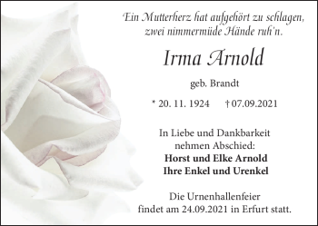 Traueranzeige von Irma Arnold von Südthüringer Presse