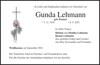 Traueranzeige von Gunda Lehmann von Neue Presse Coburg