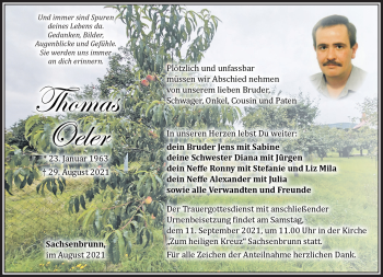 Traueranzeige von Thomas Oeler von Südthüringer Presse