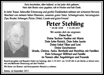 Traueranzeige von Peter Stehling von Südthüringer Presse