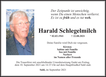 Traueranzeige von Harald Schlegelmilch von Südthüringer Presse